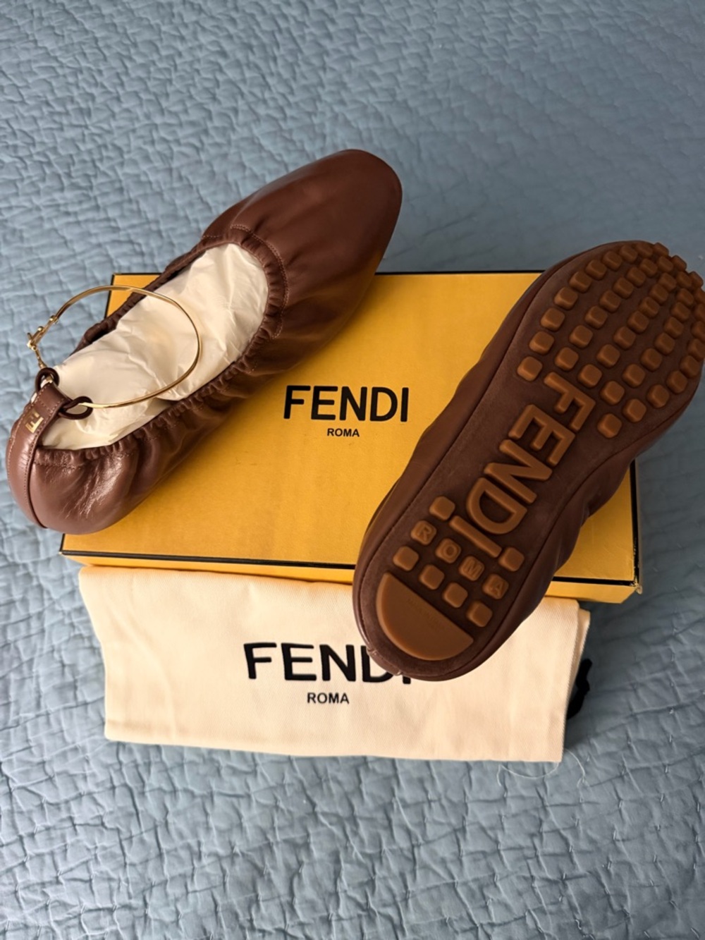 NWT Fendi Brown Leather Elastic-Top Ballet Flats